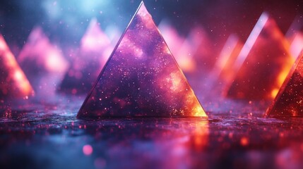 Poster - Glowing pyramids rise from a shimmering surface, surrounded by a cosmic backdrop filled with glowing colors, suggesting a surreal dreamscape at night.