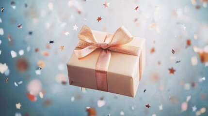 A beautiful birthday gift box wrapped in elegant paper with a shimmering bow, surrounded by colorful confetti, perfect for celebrating special moments.