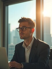 Poster - sad business person looking out of an office window on a bright sunny day