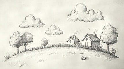 Poster - A delightful pencil sketch showcases whimsical trees, fluffy clouds, and inviting houses on a serene hillside in a playful style. Generative AI