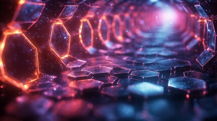 Poster - A striking tunnel formed by hexagonal tiles showcases vibrant blue and red lighting effects, creating a sense of depth and futuristic ambiance.