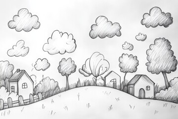 Poster - Delightful hand-drawn doodles depict clouds, trees, and houses in a whimsical, quick sketch style, creating a tranquil atmosphere. Generative AI