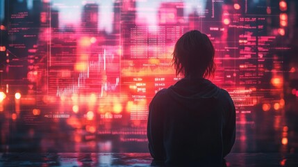A person sits in front of a screen displaying data and code, with the silhouette of a cityscape in the background.
