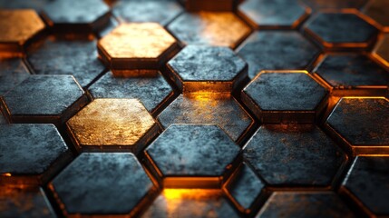 Poster - Hexagonal tiles made of metal are tightly arranged on a surface, reflecting warm light and showcasing an intricate, textured design that emphasizes their geometric appeal.