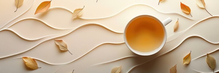Poster - Delicate tea cup rests on a soft, flowing surface with gentle waves and scattered leaves, inviting a moment of tranquility and warmth. Generative AI