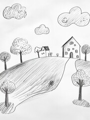 Poster - A whimsical pencil sketch features simple doodles of trees, clouds, and charming houses on a rolling hillside, inviting a sense of calm. Generative AI