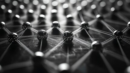 Poster - Interconnected black spheres and lines form a complex network, illustrating a molecular or atomic representation that emphasizes depth and structure in a dark setting.