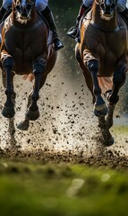 Two horses racing, kicking up dirt.