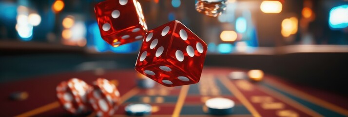 Fototapete - Red dice are flying through the air above a craps table filled with scattered chips, capturing a thrilling moment in gameplay. Generative AI