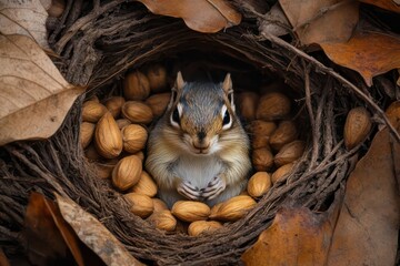 an image of hibernating chipmunk in their nest under the ground.the camera angle is from the above w