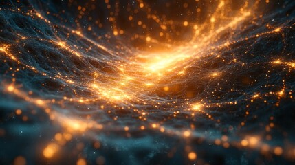 Leinwandbilder - A stunning display of a cosmic landscape features glowing particles interconnected in a vast, dark universe. The vibrant colors create a mesmerizing effect of depth and motion.