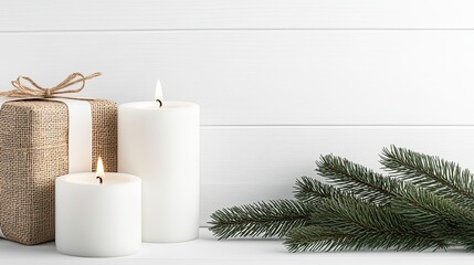 This winter-themed decoration features white candles surrounded by pine leaves and burlap ribbon, creating a cozy atmosphere ideal for home decor or wedding centerpieces