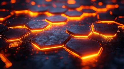 Poster - Hexagonal shapes glow with a fiery orange hue against a dark background, resembling molten lava. The intricate patterns evoke a sense of warmth and energy, enhancing the atmosphere.