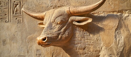 Close-up of a carved bull's head on an ancient stone wall.