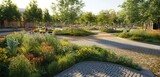 A vibrant community plaza featuring permeable pavement materials, interspersed with greenery and native plants that thrive in the environment.