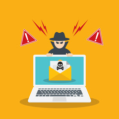 Hacker, Cyber criminal with laptop stealing user personal data. Hacker attack and web security. Internet phishing and spam concept. Hacker in black with laptop trying to cyber attack.