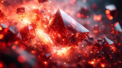 Fototapete - Bright red crystalline shapes hover in a vivid cosmic space, surrounded by glowing fragments and energy. The scene creates a sense of dynamism and wonder.