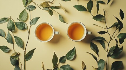 Two cups filled with golden tea are surrounded by lush green leaves, creating a tranquil atmosphere perfect for tea lovers. Generative AI