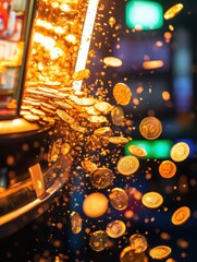 Poster - Golden coins pour from a slot machine, filling the air with anticipation and joy as onlookers revel in the excitement of winning. Generative AI