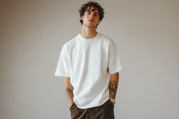 A young man in an oversized t-shirt stands confidently indoors