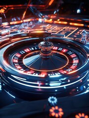 Poster - The roulette table displays bright neon numbers, creating a thrilling ambiance for players eager to place their bets in a lively casino. Generative AI