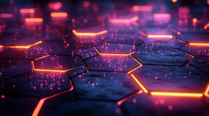 Leinwandbilder - The vibrant hexagonal tiles glow in shades of pink and orange against a dark background, creating a captivating and modern atmosphere reminiscent of futuristic technology and design.