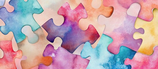 Close-up of watercolor puzzle pieces in various colors.