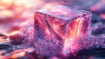 Aufkleber - A bright ice cube floats atop a pool of shimmering water, creating mesmerizing swirls and reflections. The colors blend beautifully as twilight descends.