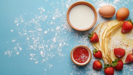 Wall Mural - Ingredients for making crepes with strawberries, milk, eggs, and flour on a blue background.