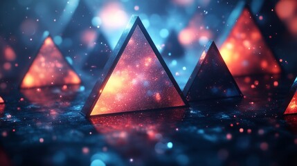 Leinwandbilder - The composition features glowing pyramids arranged thoughtfully, radiating colorful lights against a dark, mystical background, creating a surreal atmosphere at night.