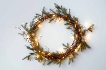 Christmas frame: a wreath of pine branches with golden lights on a white background, with copy space in the center. --ar 3:2 --v 6.1 Job ID: aad51b03-6b5a-4f12-8b29-38a6b8f26f2b