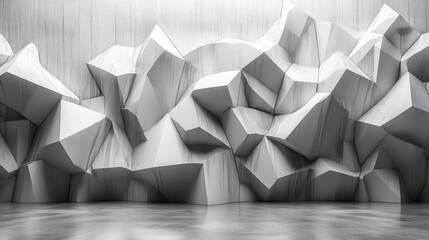 Leinwandbilder - A striking wall sculpture with angular, geometric forms creates an intriguing visual contrast against the smooth, minimalist gallery floor. The monochrome design highlights texture and shapes.