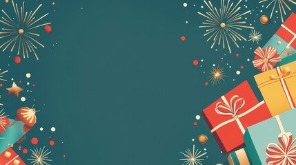 Festive Holiday Background with Gifts and Fireworks