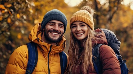 Wall Mural - Beautiful young couple in a warm modern clothes in autumn park