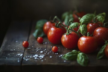 Wall Mural - Fresh tomatoes with basil leaves sit on a dark wooden surface. The atmosphere is rich and warm. This is perfect for culinary themes and food photography. Generative AI