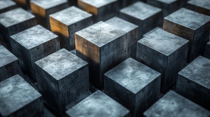 Poster - A collection of concrete blocks is arranged in a grid formation, softly illuminated from above, creating an abstract and minimalist atmosphere. The contrast of light and shadow adds depth.
