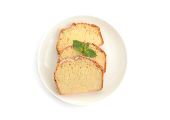 Wall Mural - Slices of freshly baked sponge cake isolated on white, top view