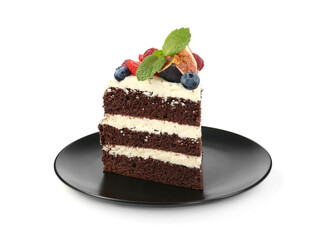 Wall Mural - Piece of delicious chocolate sponge cake with berries isolated on white