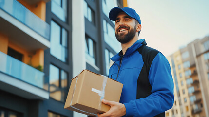 Smiling courier in uniform holding a package, standing outside a modern apartment, courier service, urban delivery