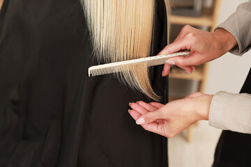 Wall Mural - Hairdresser combing woman's hair in salon, closeup