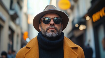 A stylish man wearing sunglasses and a hat walks through a busy city street during daytime