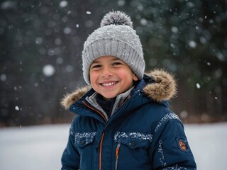 A young boy in a blue jacket and hat is standing in the snow, surrounded by a winter landscape. His warm clothing contrasts with the white, snowy background, capturing the essence of a cold winter day