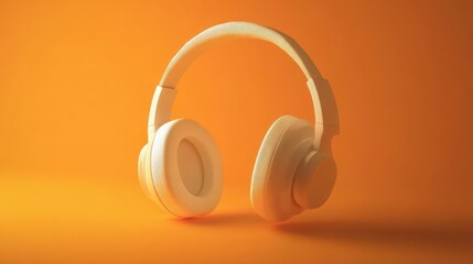 A white headphones on a vibrant orange background