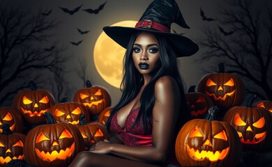 A mysterious witch in a red dress, surrounded by jack-o'-lanterns under a full moon, evokes a sense of dark enchantment and Halloween mystery.