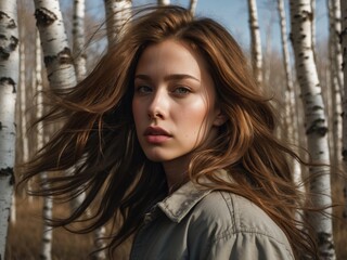 A close-up portrait of an 18-year-old girl standing in front of birch trees, the natural backdrop highlighting her serene expression and the soft interplay of light through the trees.