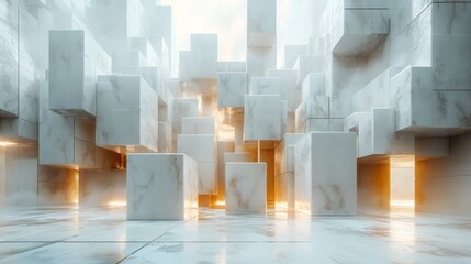 Leinwandbilder - An abstract scene captures a series of illuminated marble cubes arranged in a futuristic architectural space, bathed in natural daylight. Light reflects off surfaces, enhancing the modern aesthetic.