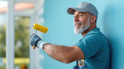 Smiling senior man painting wall blue, home improvement and DIY concept. Portrait view with copy space.