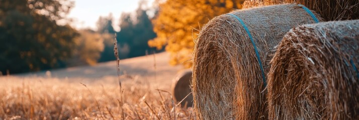 Poster - Harvested hay stacks glisten in the sunlight against a backdrop of colorful autumn trees, highlighting the beauty of fall. Generative AI