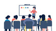 © LadadikArt - Student on lecture in college or university. Business training for office workers or young entrepreneurs. Female teacher, speaker stang near board, vector scene