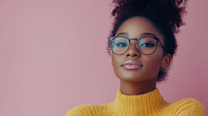 A woman with glasses smiles warmly while wearing a cozy yellow sweater in a casual setting